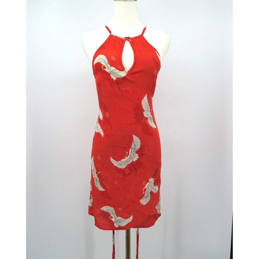 Billabong Red Crane Print Halter Mini Dress Women Medium Keyhole Neck Tie Waist